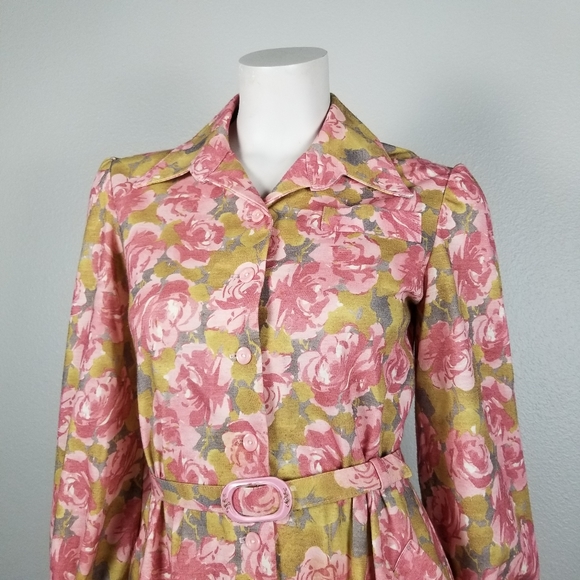 Vintage 70s Mid Century Mod Rose Floral Fit & Flare Handmade Midi Dress - Picture 3 of 12